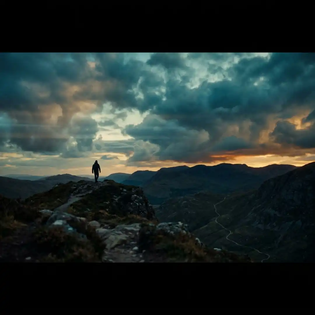 Cinematic 2.39:1 widescreen film still showing a lone figure in a wide landscape