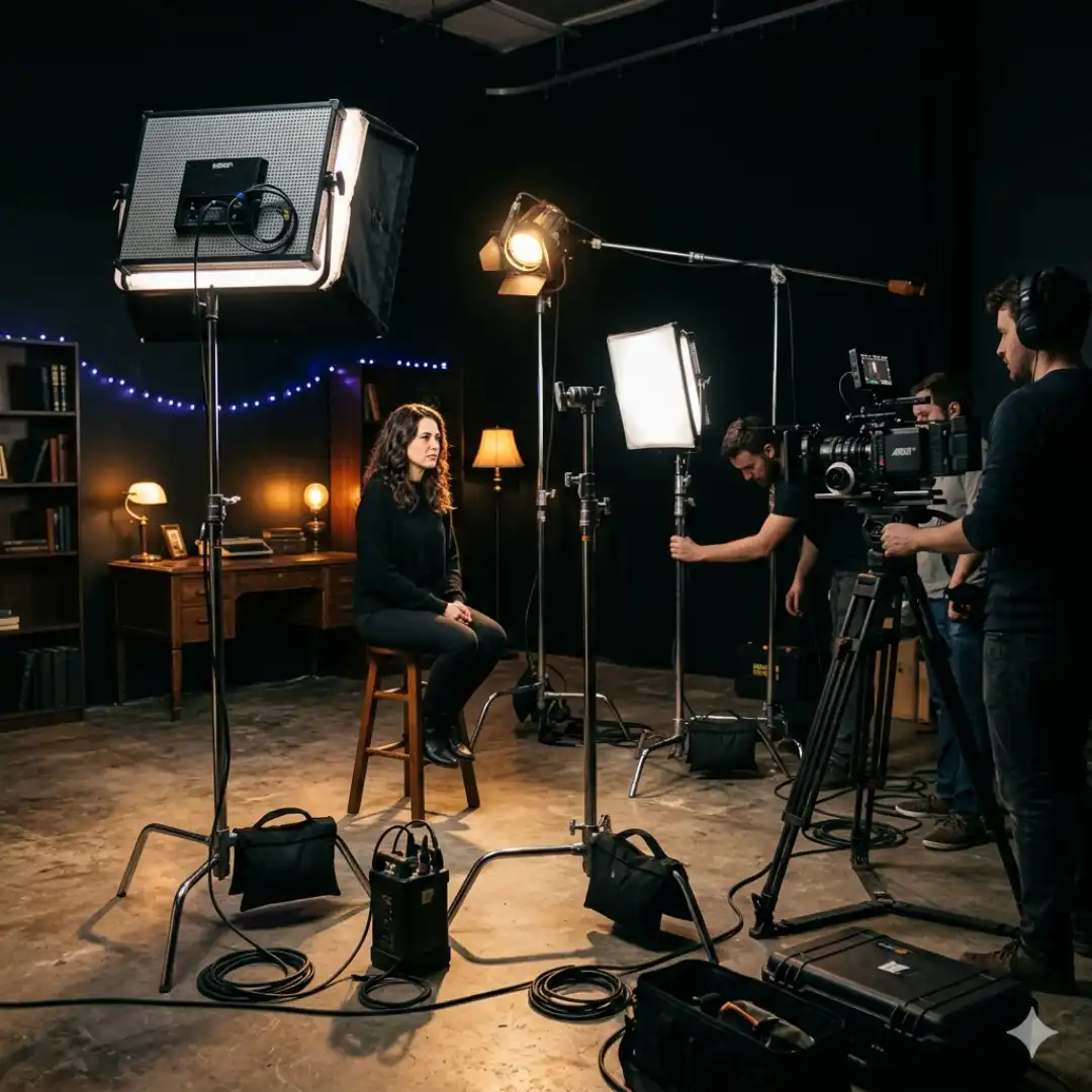 Complete behind-the-scenes three-point lighting setup with key, fill, and backlight around a subject and camera on set