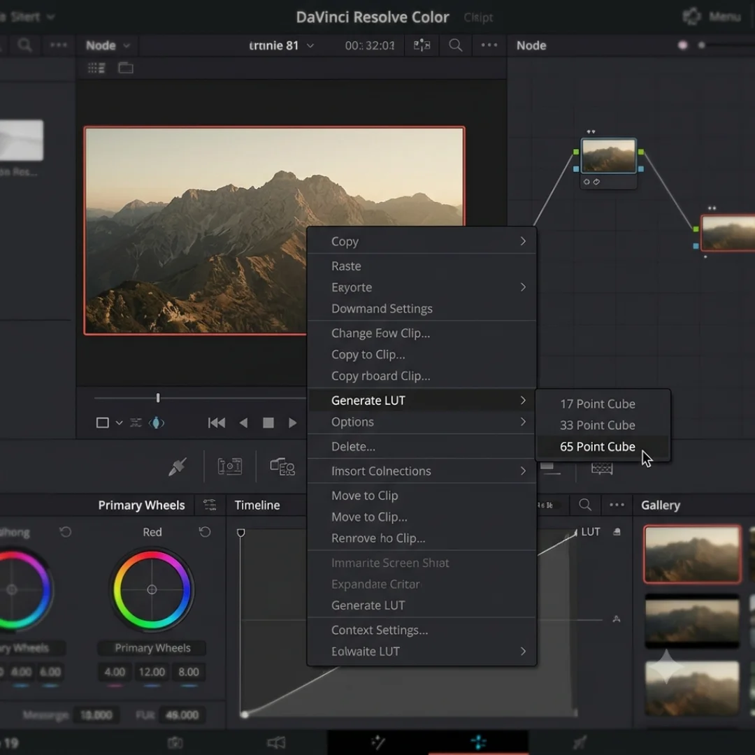 DaVinci Resolve Generate LUT menu showing 17, 33, and 65 point cube options