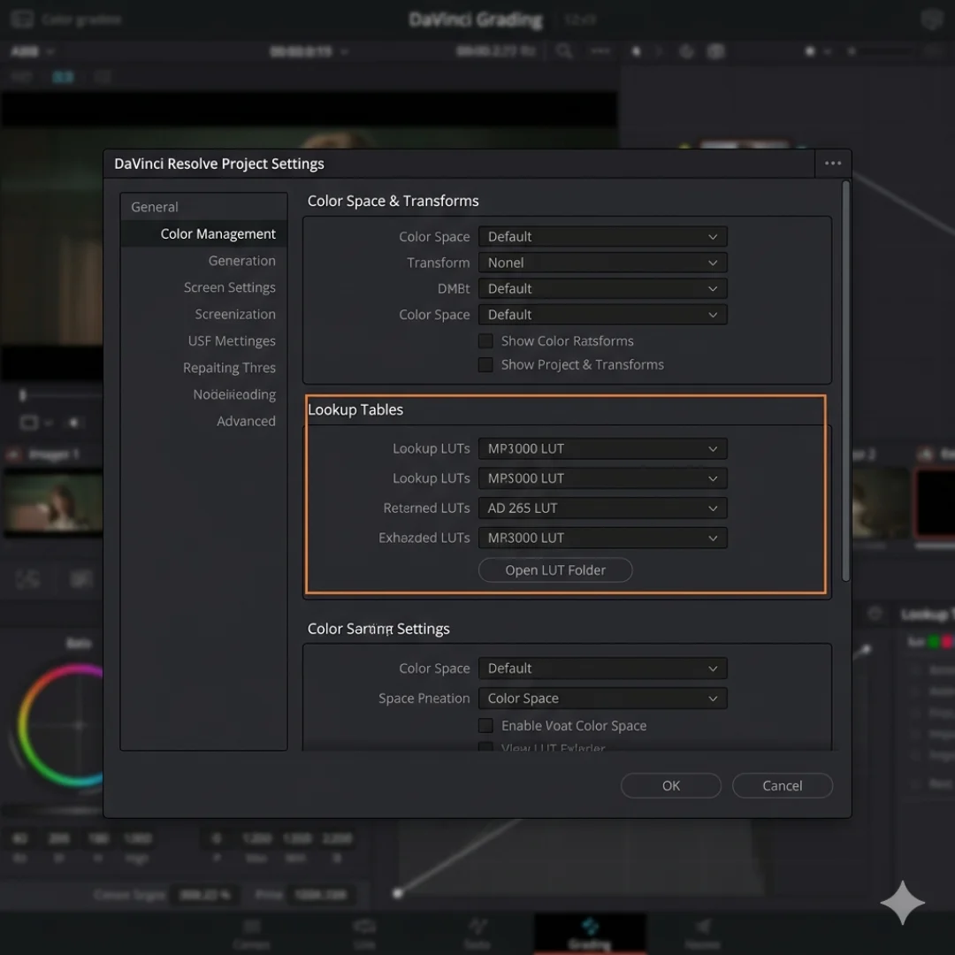 DaVinci Resolve Color Management settings showing the Open LUT Folder button