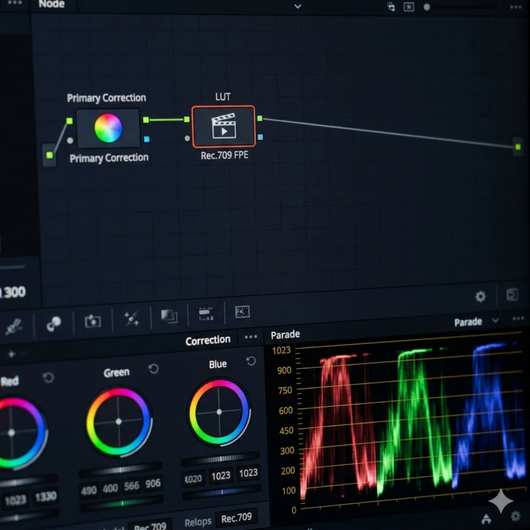 DaVinci Resolve node tree with a correction node before the LUT node and scopes showing protected highlights