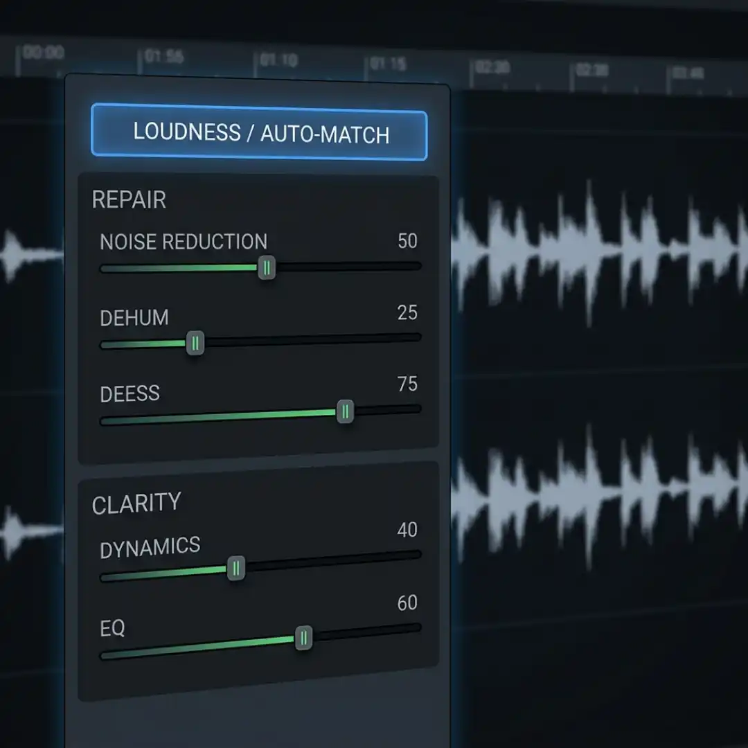Essential Sound panel showing dialogue loudness, repair, and clarity controls in a video editor
