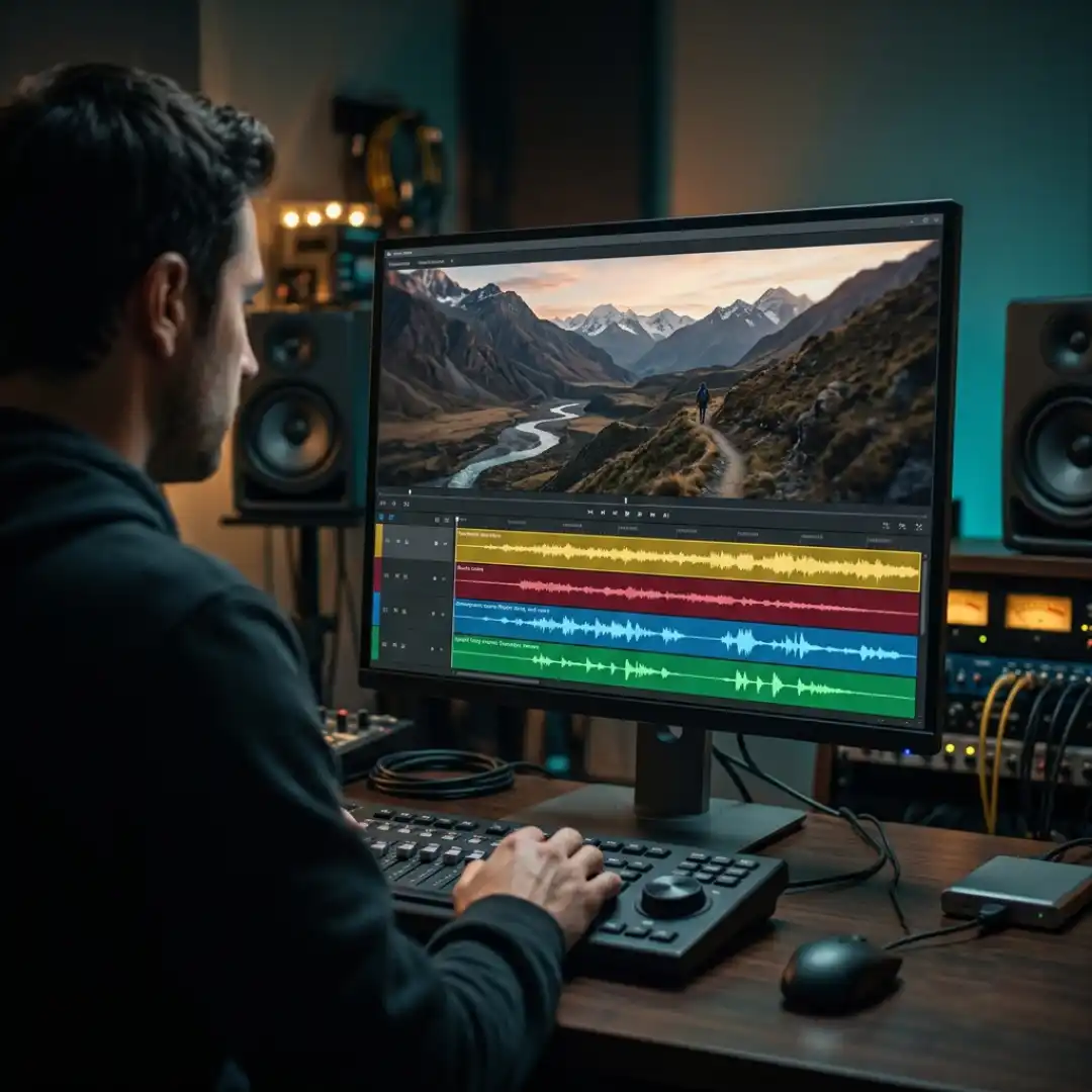 Video editor scoring b-roll with four stacked audio layers on the timeline