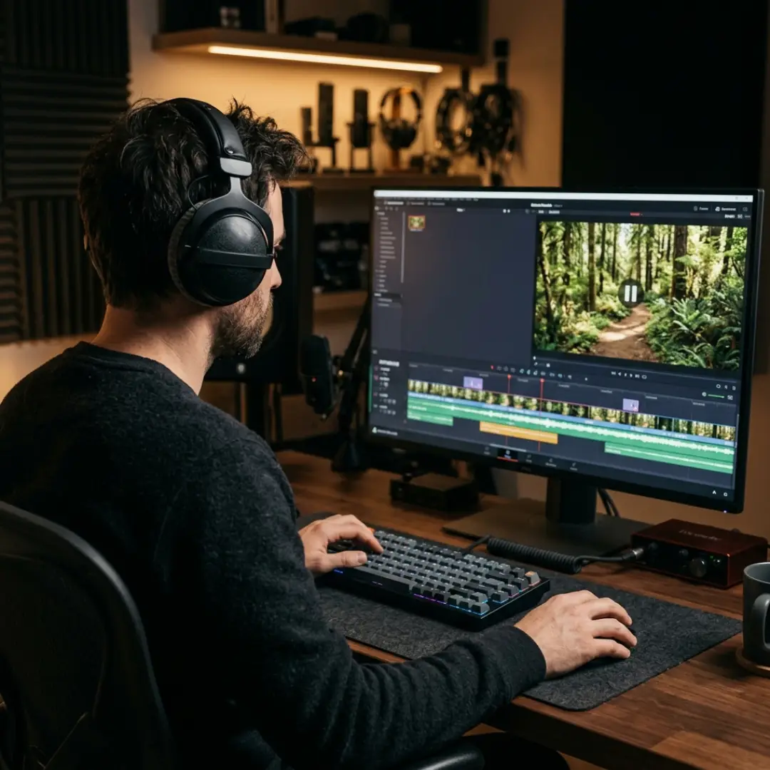 Editor layering ambient sound while watching a forest scene on a timeline