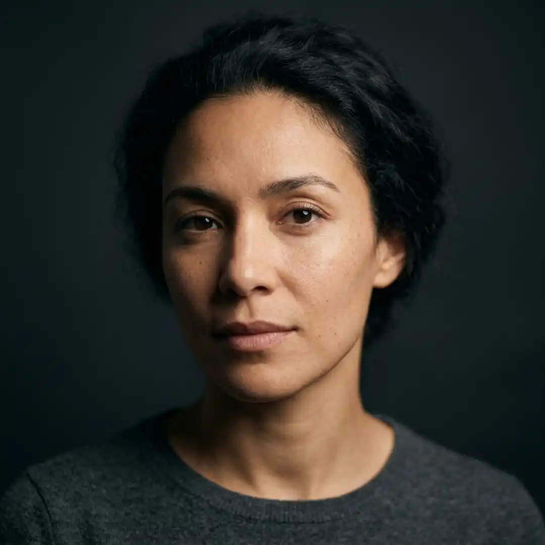Subject lit with a single softbox key light at 45 degrees showing a Rembrandt triangle on the shadow side of the face