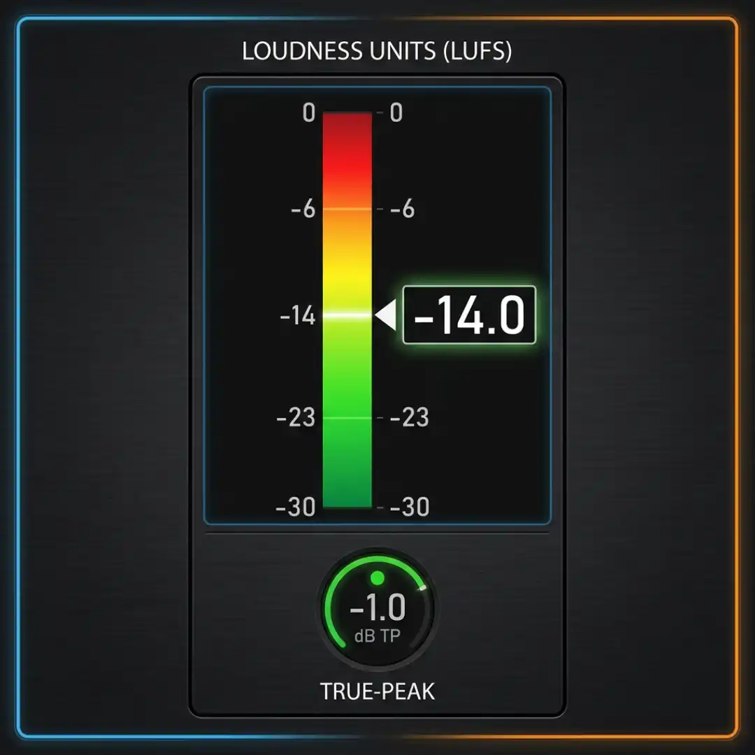 Loudness meter showing -14 LUFS integrated level for YouTube audio mastering