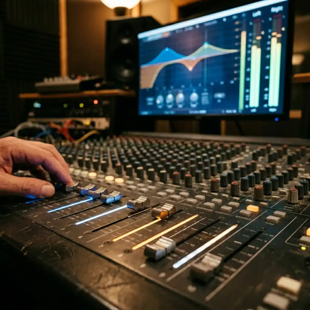 Hands adjusting faders on a mixing console with an EQ curve for balancing layered sound effects