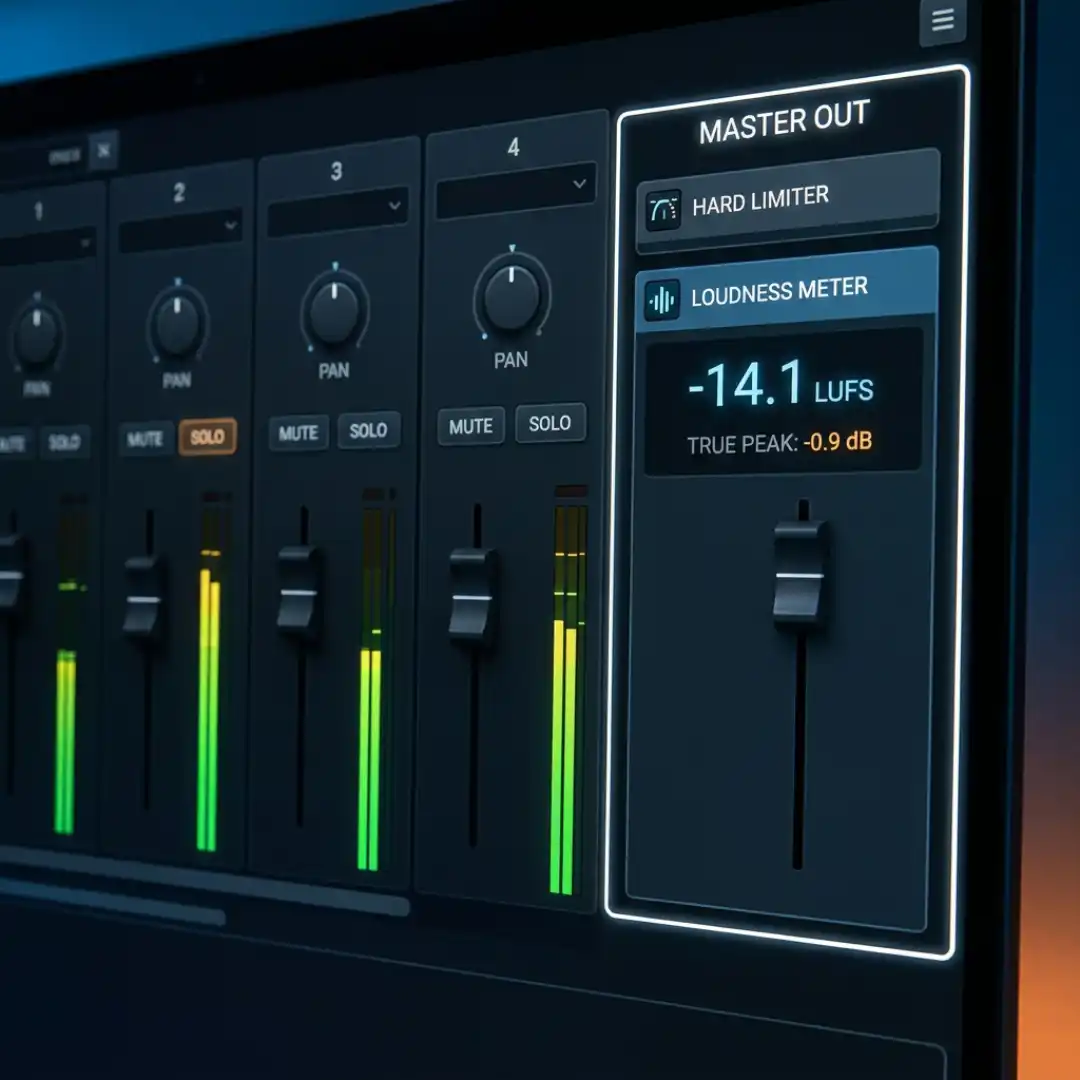 Audio Track Mixer master bus with a hard limiter and loudness meter for mastering video audio