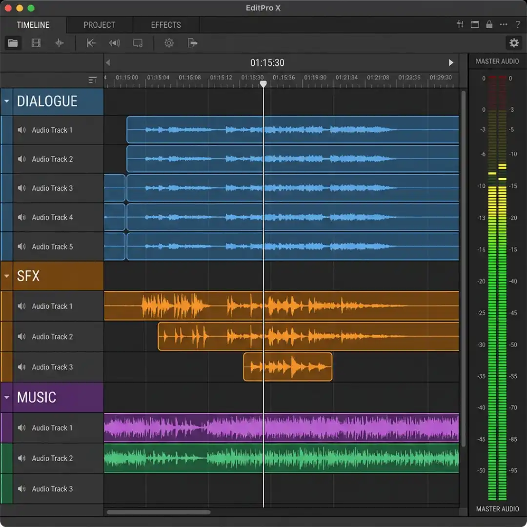 Organized Premiere Pro timeline with labeled dialogue, SFX, and music tracks and an audio meter
