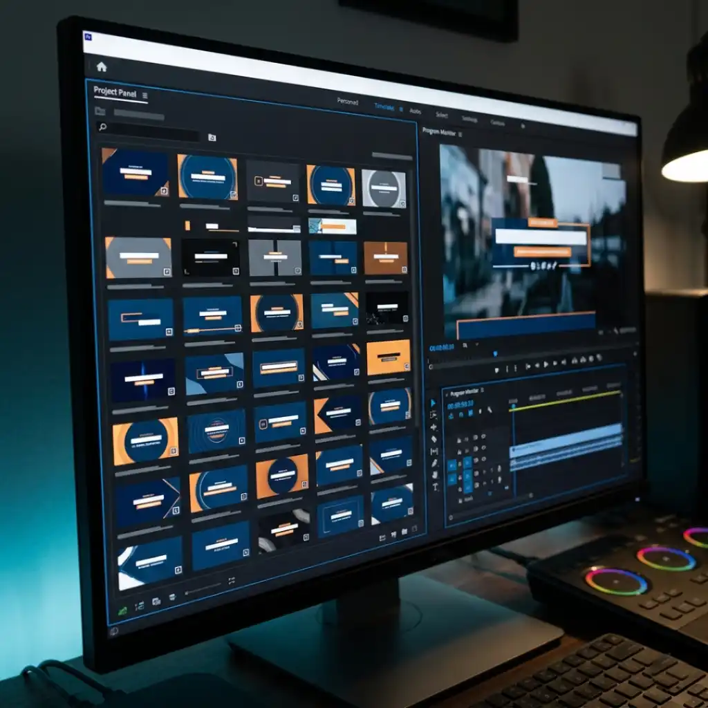 Shared library of professional title templates for a consistent brand look in Premiere Pro