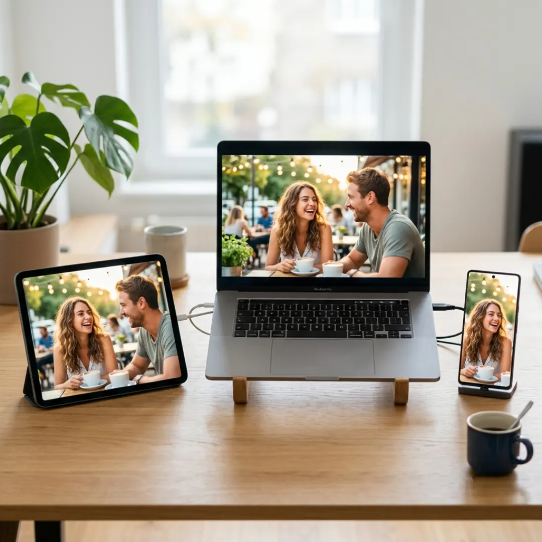 Laptop, phone, and tablet showing 16:9, 9:16, and 1:1 social media aspect ratios