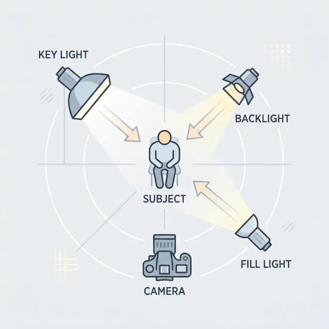 Top-down three-point lighting diagram showing key light, fill light, and backlight positions relative to the camera and subject