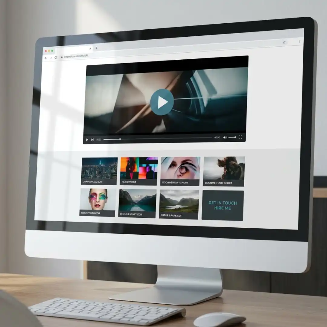 Example layout of a video editing portfolio website homepage with showreel and project grid