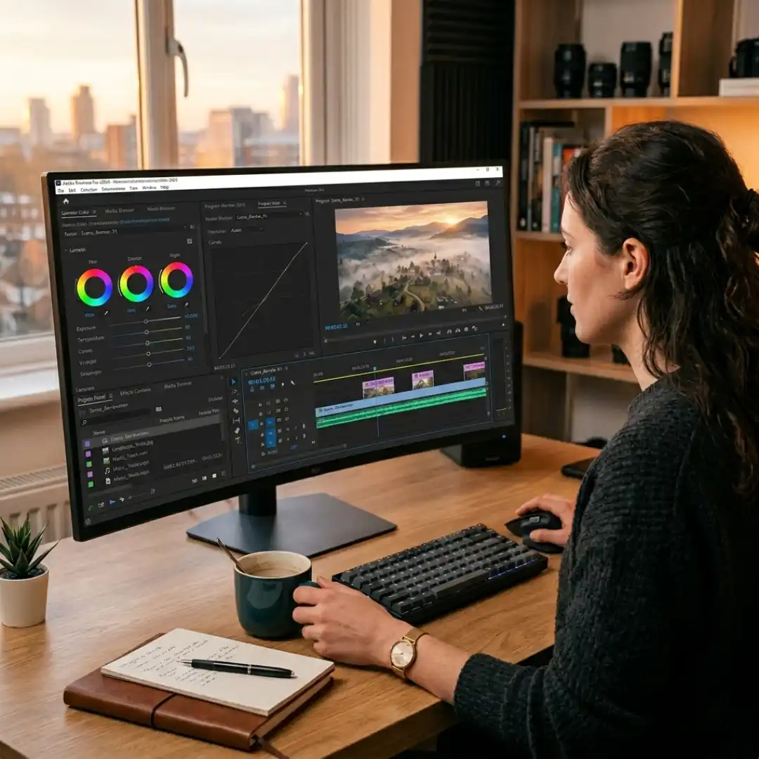 Editor reviewing a cinematic B-roll cutaway shot on a monitor