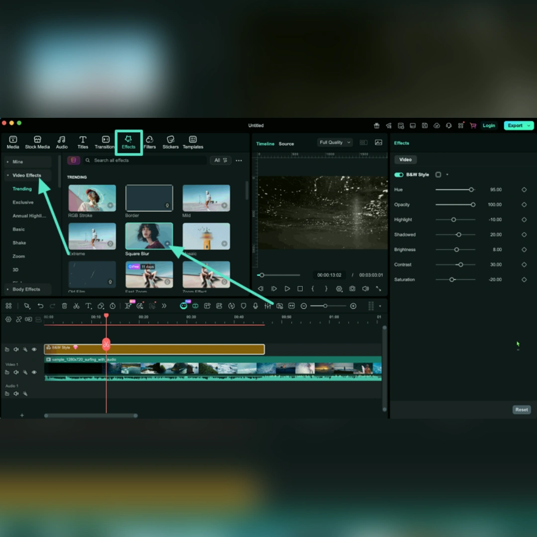 Select the required overlay and add it to the clip by pressing the “Plus” icon or by dragging it directly onto the same timeline section.