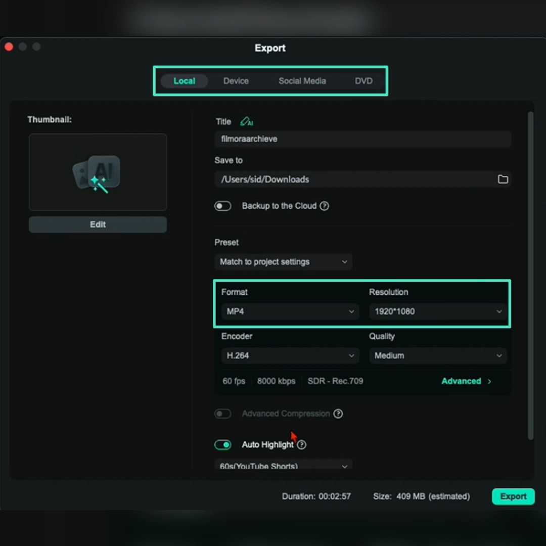Set the file name, resolution, format, and save location, then confirm the export settings to render the final edited video.