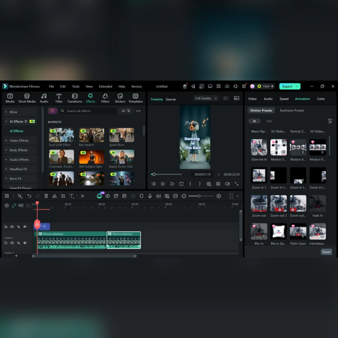 Filmora provides filters, transitions, templates, and effects for different editing styles.