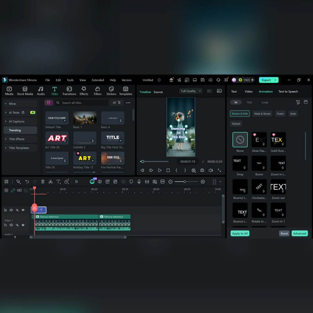 Filmora supports subtitles, animated titles, labels, and speech-to-text conversion tools.