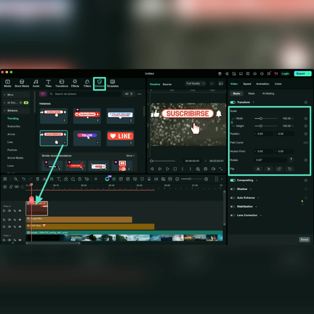 switch to the “Stickers” tab from the top menu and select the required element.
