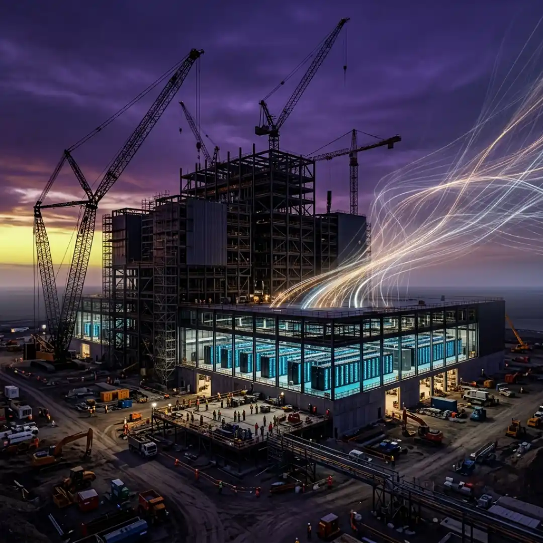 Massive AI data center under construction at dusk, symbolizing record capital investment in AI infrastructure