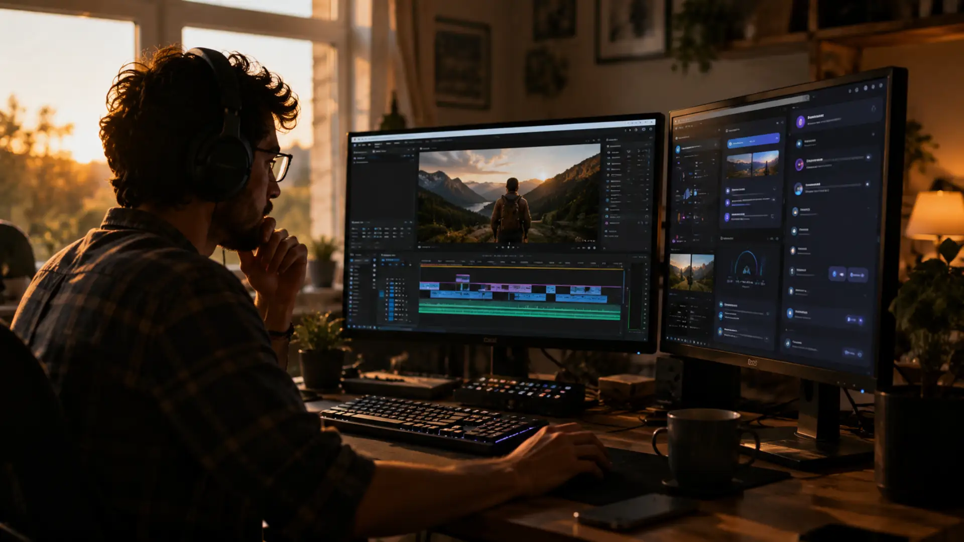 Video editor combining AI tools with a professional editing timeline in a home studio in 2026