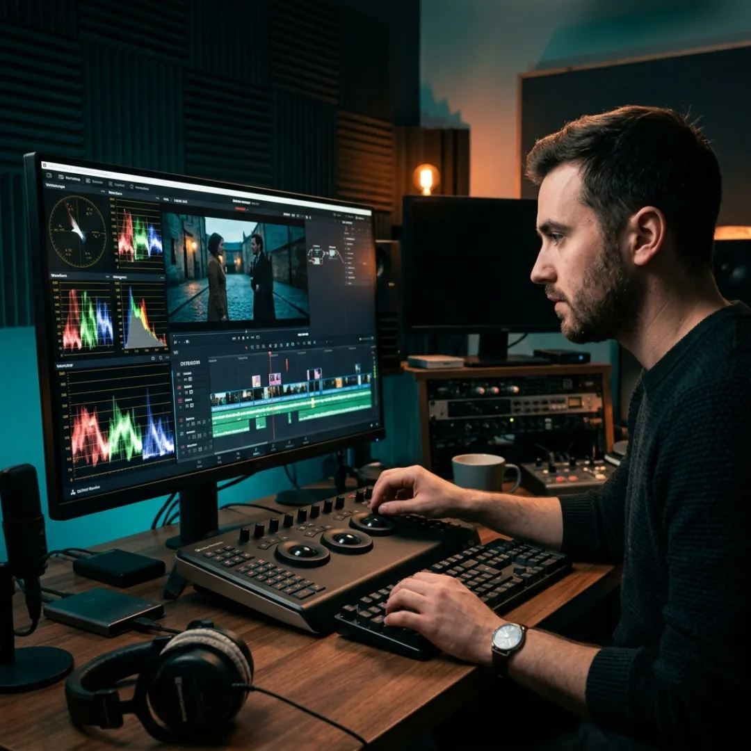 Video editor polishing AI generated footage on a professional editing timeline to fix text to video AI limitations