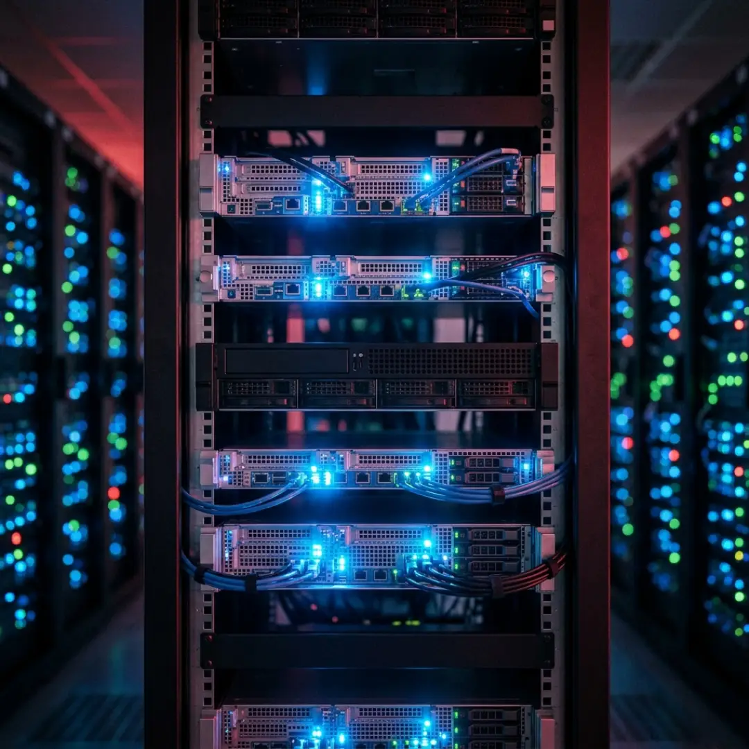 A single AI server unit powered down inside a glowing data center, representing a frontier model taken offline by government order