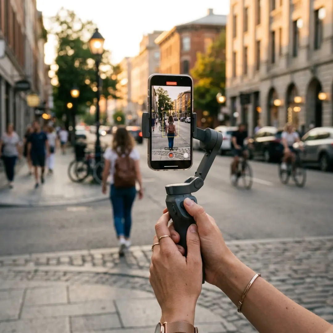 Creator using a smartphone gimbal outdoors to capture smooth cinematic video during golden hour.