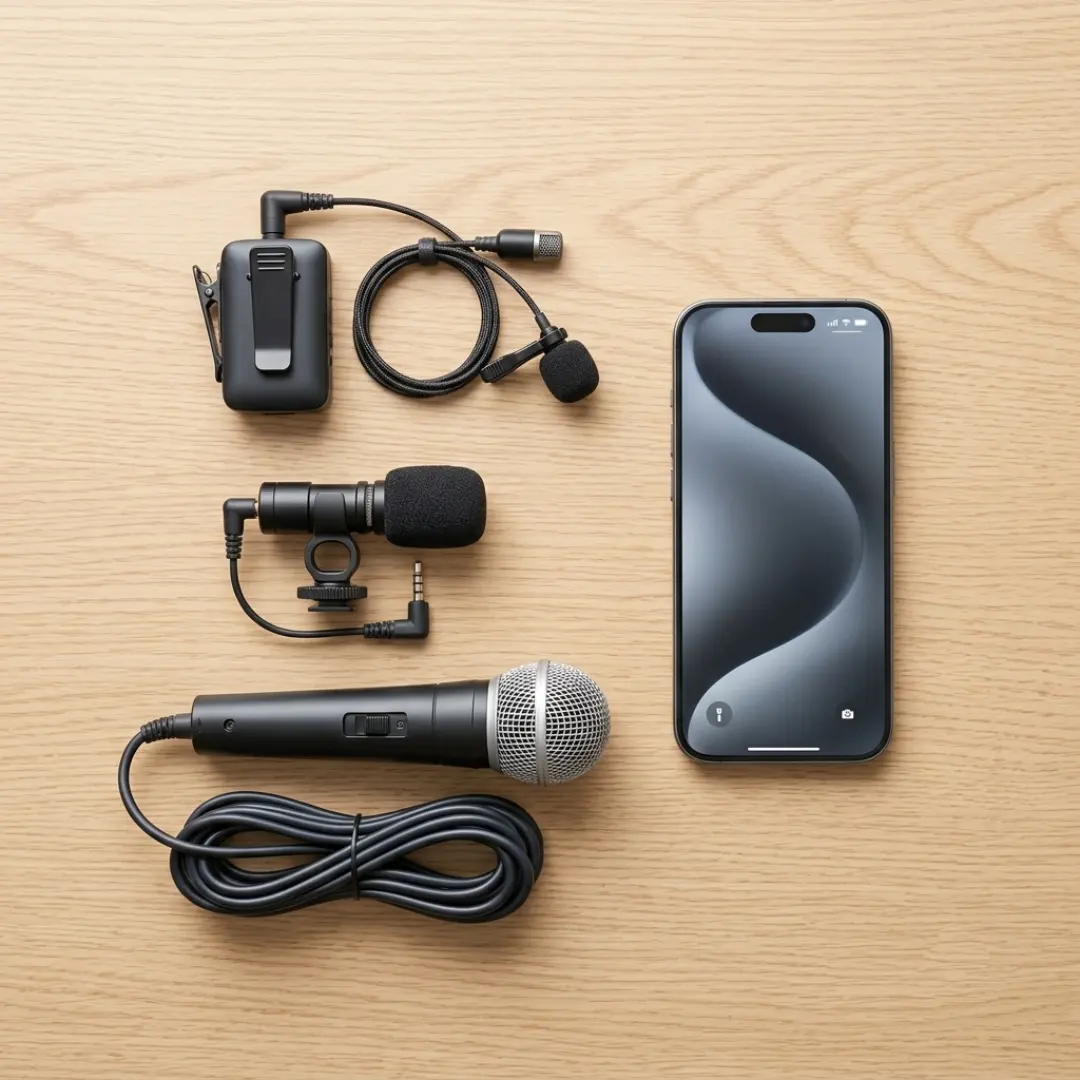 Flat-lay of wireless, plug-in, and handheld microphones arranged around a smartphone
