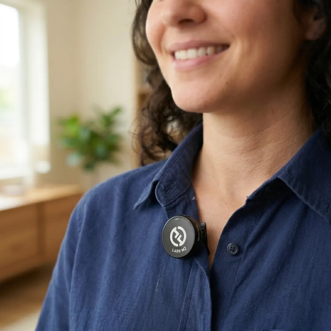 A compact wireless lavalier microphone clipped to a collar for capturing clean audio while filming on a phone.