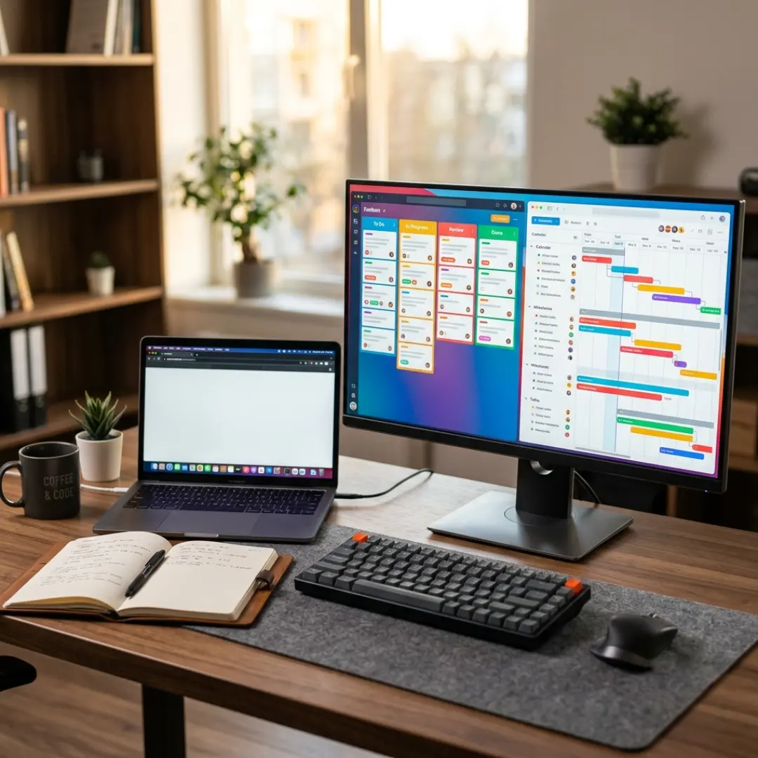 Two project management dashboards compared side by side on a video editor's screens