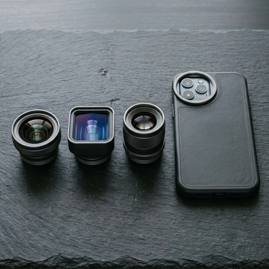 A set of budget smartphone lenses, wide, anamorphic, and telephoto, arranged next to a phone with a threaded case.
