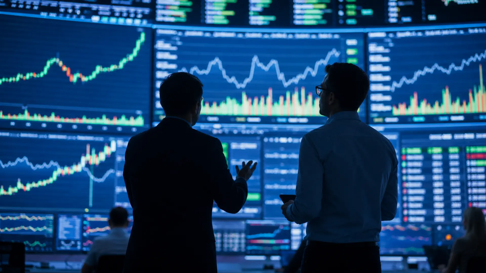 Market screens with rising charts representing Microsoft, Meta, and Alphabet AI earnings in July 2026