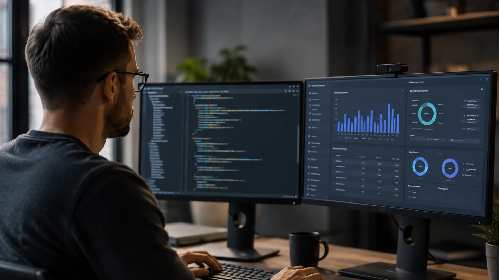 Developer testing the Claude Opus 5 API with a pricing and usage dashboard on a dual-monitor workstation