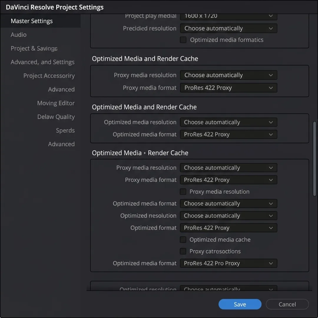 Editor configuring proxy media resolution and format in DaVinci Resolve project settings