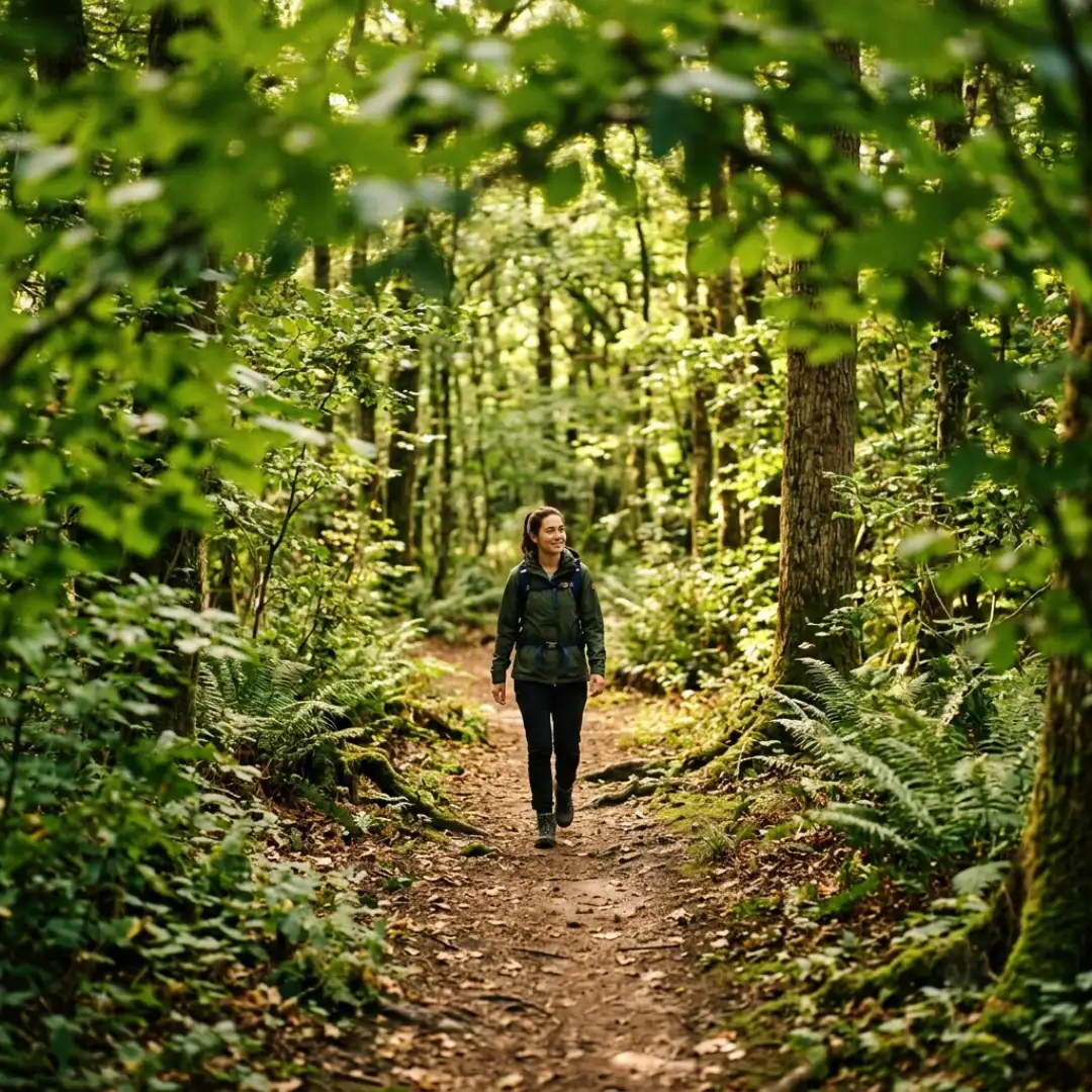Layered composition with out-of-focus foreground leaves adding depth around the subject