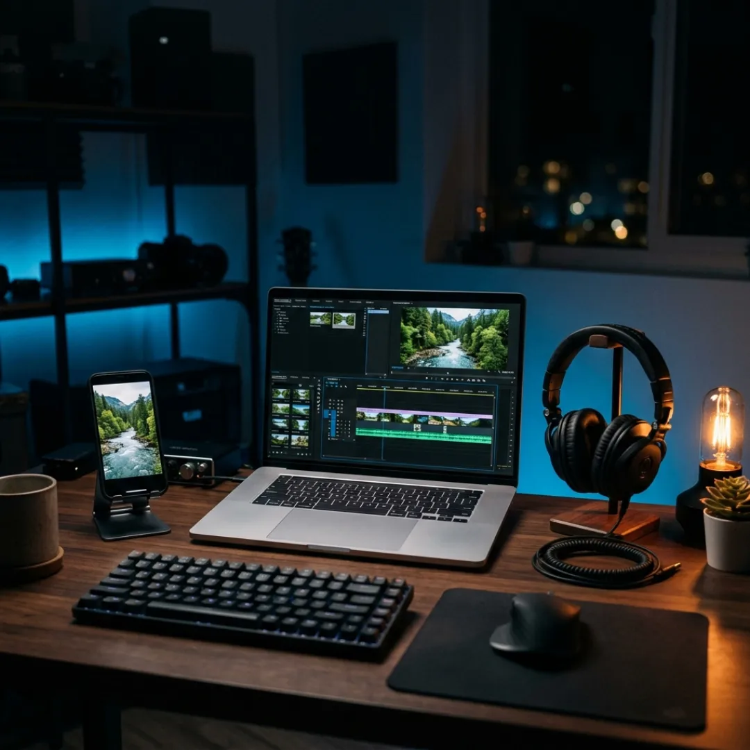 Faceless YouTube creator producing an AI voiceover video from a script without appearing on camera