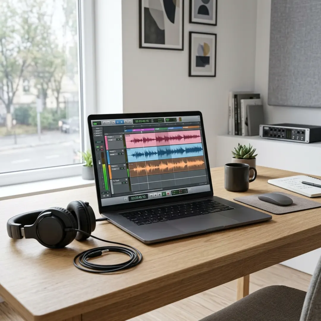 Laptop showing an audio waveform being cleaned up and edited in post