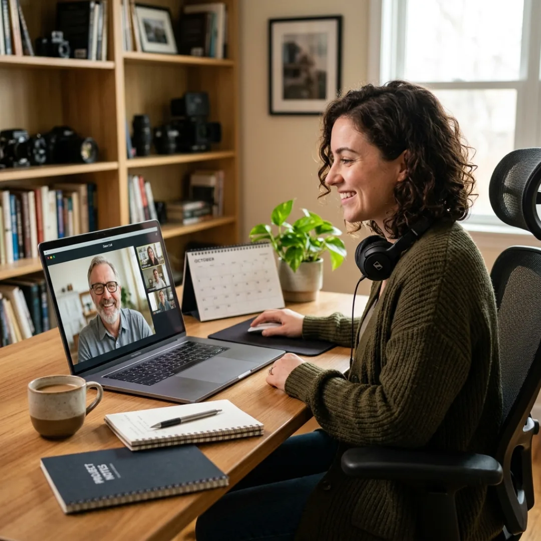 Freelance video editor on a video call building a long-term client relationship