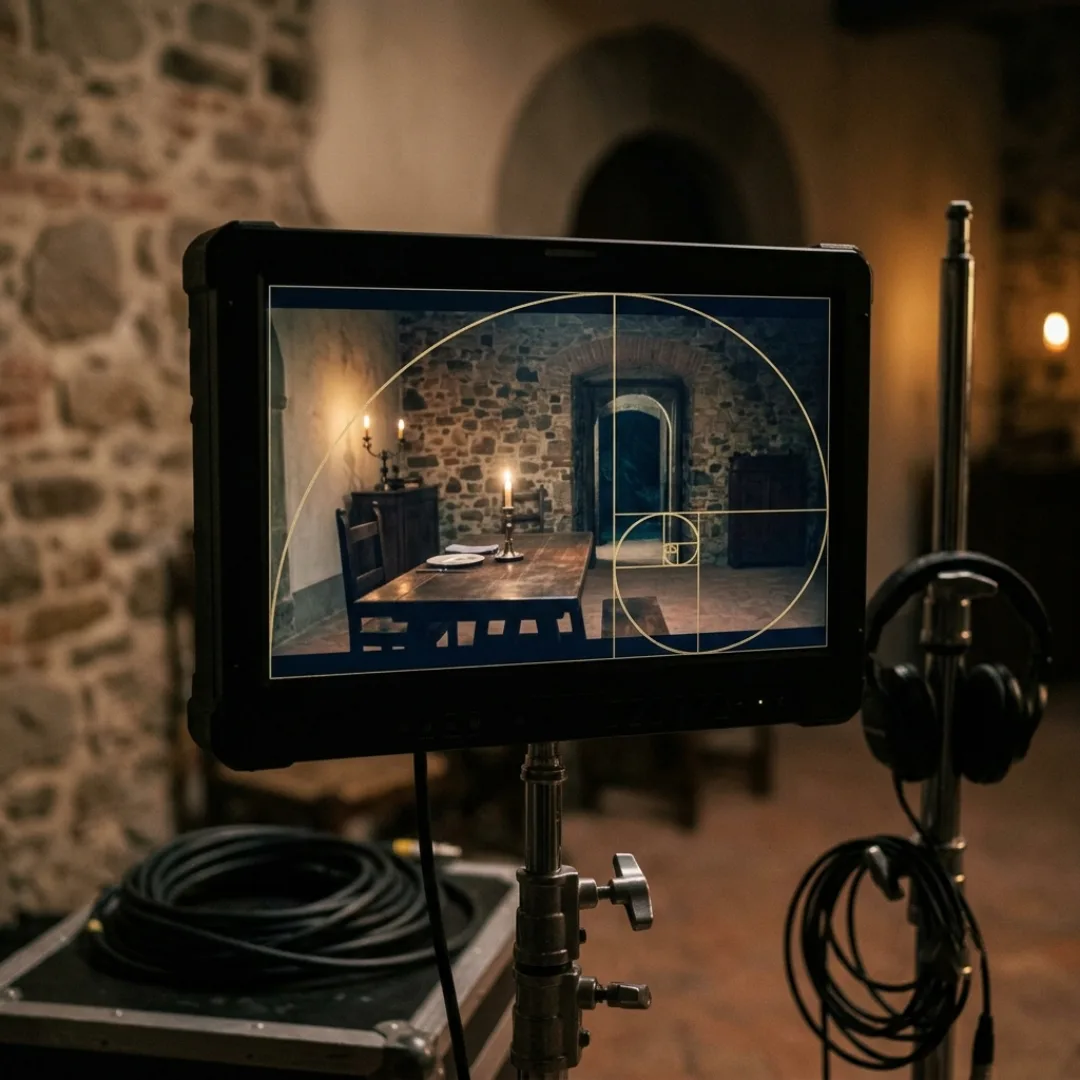 Golden ratio spiral overlay on a cinematic frame displayed on a production monitor
