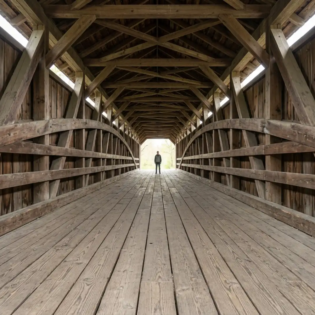 Leading lines composition drawing the viewer's eye to a subject at the end of a covered bridge