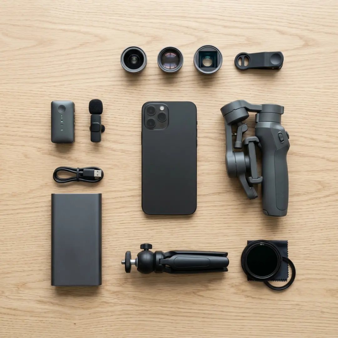 A flat lay of a complete budget mobile filmmaking kit including a gimbal, lenses, microphone, filter, tripod, and power bank.
