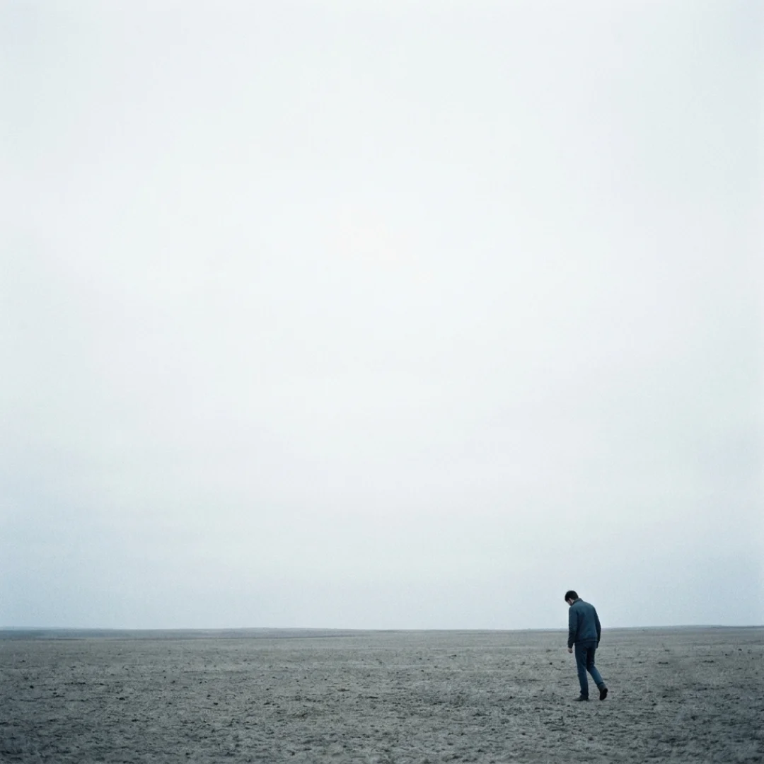Negative space film composition isolating a small subject against a vast empty background