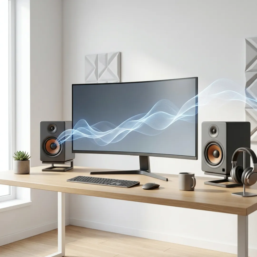 Studio monitor speakers on both sides of a display illustrating stereo panning of audio in Premiere Pro