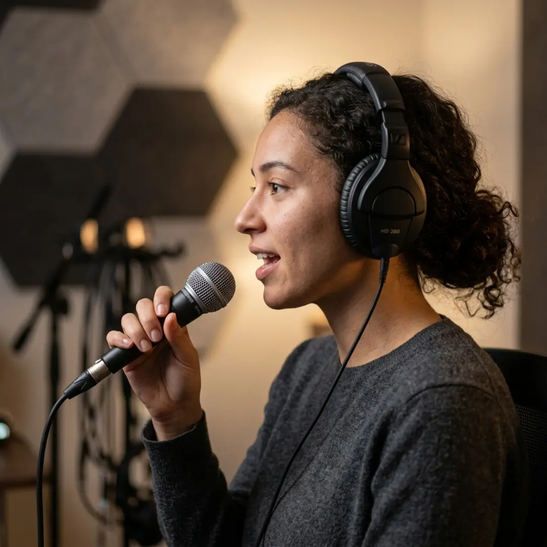 Person demonstrating correct microphone distance while monitoring on wired headphones