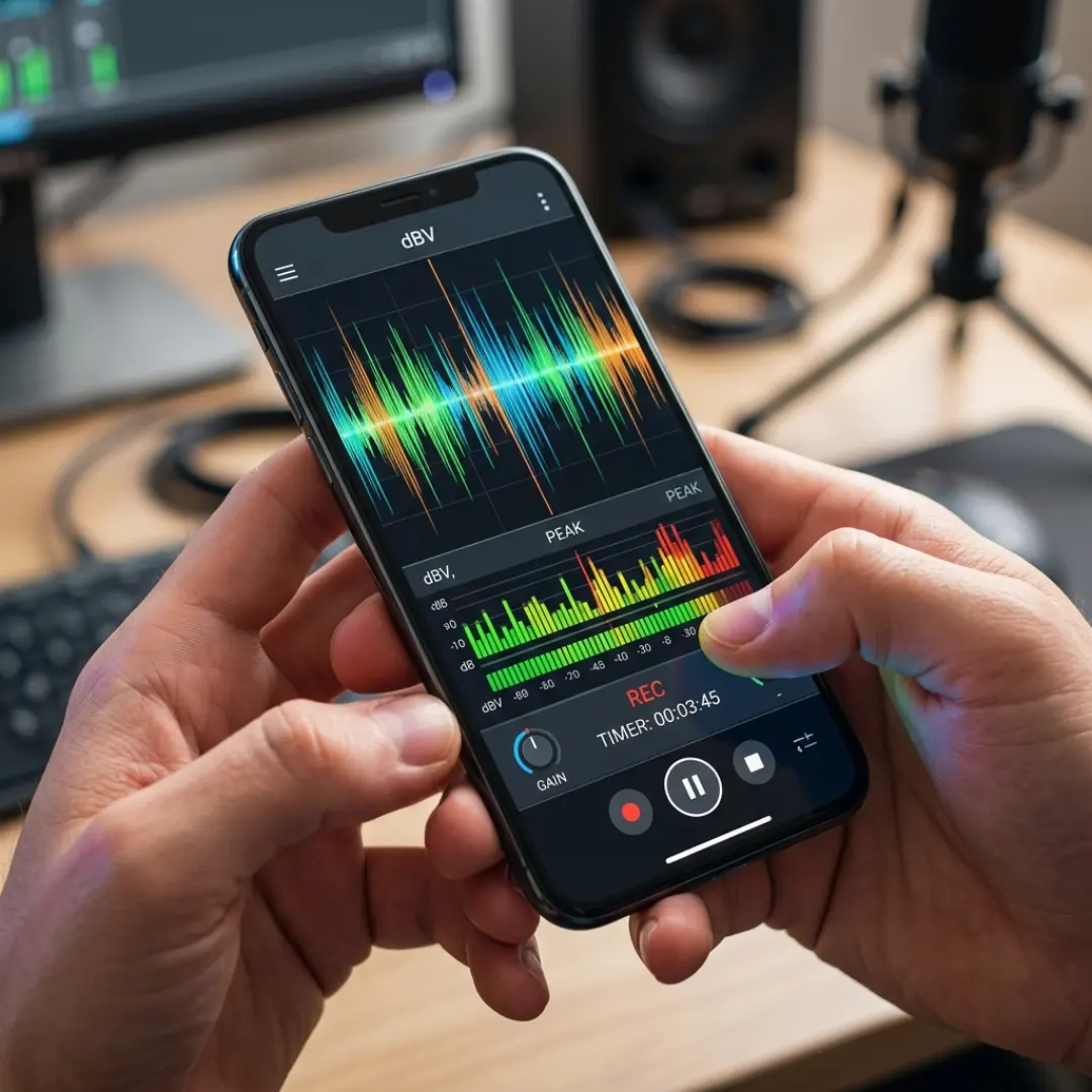 Smartphone showing a recording app with live audio level meters and a waveform