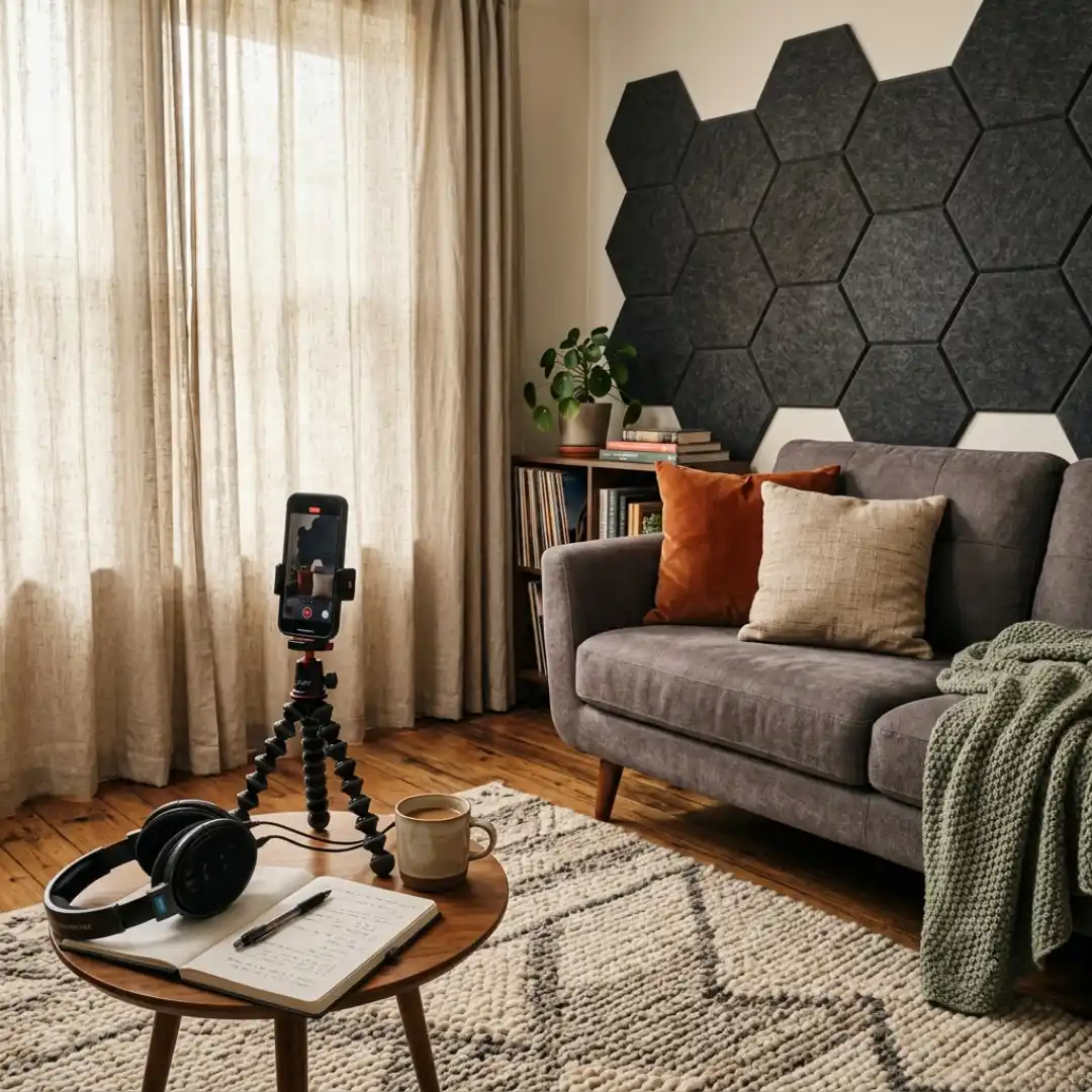 Soft, sound-absorbing home recording space set up for clean phone audio