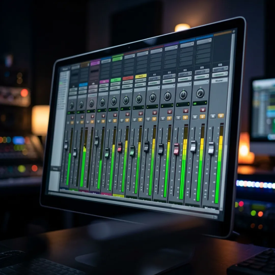 Close-up of the Premiere Pro audio track mixer interface with channel faders and dB level meters