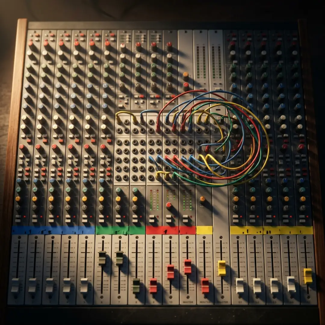 Mixing console with grouped channel faders representing submix routing for dialogue music and sound effects