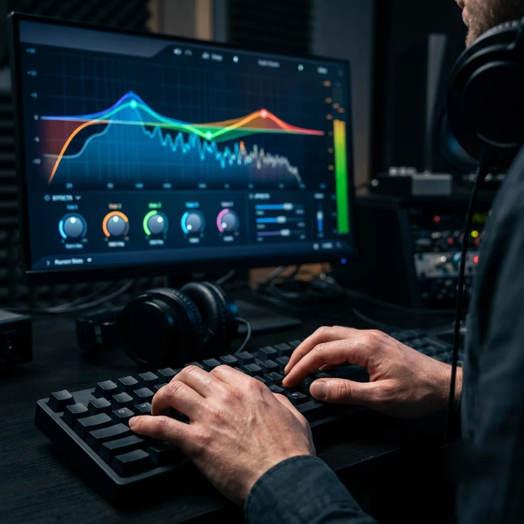 Audio equalizer curve and effect controls applied to an entire track in the Premiere Pro audio mixer